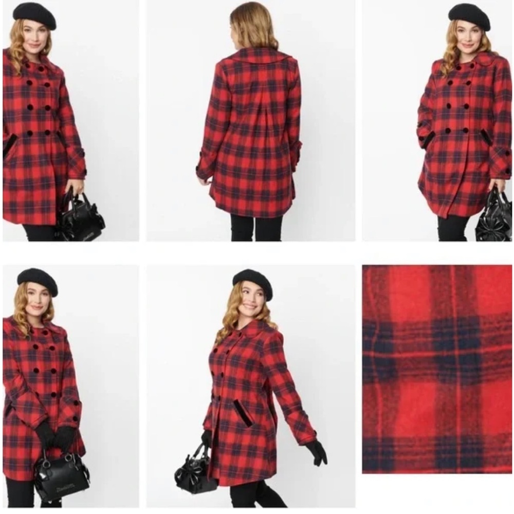 Unique Vintage Red and Navy Plaid Coat, NWT, 2x.